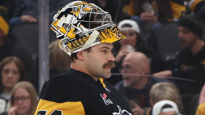 Mar 28, 2026; Pittsburgh, Pennsylvania, USA;  Pittsburgh Penguins goaltender Stuart Skinner (74) returns to his net against the Dallas Stars during the second period at PPG Paints Arena. Mandatory Credit: Charles LeClaire-Imagn Images