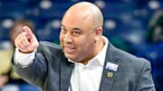 Notre Dame Fighting Irish head coach Micah Shrewsberry signals to his players against the Georgia Tech Yellow Jackets at the Purcell Pavilion.