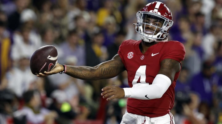 Nov 4, 2023; Tuscaloosa, Alabama, USA; Alabama Crimson Tide quarterback Jalen Milroe (4) reacts after scoring a touchdown against the LSU Tigers during the first half at Bryant-Denny Stadium. 