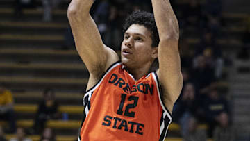 February 22, 2024; Berkeley, California, USA; Oregon State Beavers forward Michael Rataj (12) shoots the basketball against the California Golden Bears during the second half at Haas Pavilion. Mandatory Credit: Kyle Terada-Imagn Images