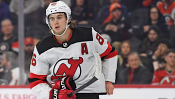 Jan 27, 2025; Philadelphia, Pennsylvania, USA; New Jersey Devils center Jack Hughes (86) against the Philadelphia Flyers at Wells Fargo Center. Mandatory Credit: Eric Hartline-Imagn Images