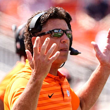 Oklahoma State head coach Mike Gundy reacts to a call second half of the college football game between the Oklahoma State Cowboys and the Arkansas Razorbacks at Boone Pickens Stadium in Stillwater, Okla.,, Saturday, Sept., 7, 2024.