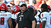 Sep 20, 2025; Durham, North Carolina, USA;  NC State Wolfpack head coach Dave Doeren during the second quarter against the Duke Blue Devils at Wallace Wade Stadium. Mandatory Credit: Zachary Taft-Imagn Images