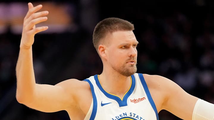 Mar 13, 2026; San Francisco, California, USA; Golden State Warriors forward Kristaps Porzingis (7) reacts after being fouled against the Minnesota Timberwolves in the fourth quarter at the Chase Center. Mandatory Credit: Cary Edmondson-Imagn Images