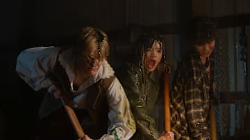 CARVED - When a heartbroken teenage playwright, her younger brother, and a disparate group of survivors become trapped in a historical reenactment village on Halloween night, they must band together to survive a relentless assault by a sentient and vengeful pumpkin. (Courtesy of Disney)
COREY FOGELMANIS, PEYTON ELIZABETH LEE, WYATT LINDNER