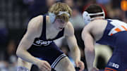 Braeden Davis of Penn State wrestles Big Ten champion Lucas Byrd the 2025 NCAA Wrestling Championships at Wells Fargo Center.
