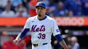 Apr 23, 2025; New York City, New York, USA; New York Mets relief pitcher Edwin Diaz (39) reacts during the ninth inning against the Philadelphia Phillies at Citi Field. Mandatory Credit: Brad Penner-Imagn Images