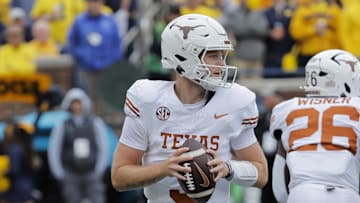 Sep 7, 2024; Ann Arbor, Michigan, USA;  Texas Longhorns quarterback Quinn Ewers (3) passes in the second half against the Michigan Wolverines at Michigan Stadium. Mandatory Credit: Rick Osentoski-Imagn Images