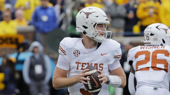 Sep 7, 2024; Ann Arbor, Michigan, USA;  Texas Longhorns quarterback Quinn Ewers (3) passes in the second half against the Michigan Wolverines at Michigan Stadium. Mandatory Credit: Rick Osentoski-Imagn Images