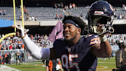 Oct 6, 2024; Chicago, Illinois, USA; Chicago Bears defensive end DeMarcus Walker (95) gestures to the crowd after the game against the Carolina Panthers at Soldier Field. Mandatory Credit: David Banks-Imagn Images