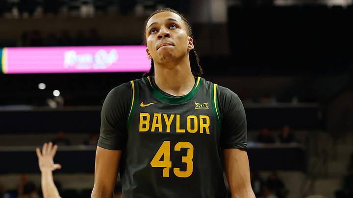 Feb 4, 2026; Waco, Texas, USA;  Baylor Bears guard Cameron Carr (43) reacts during the first half against the Colorado Buffaloes at Paul and Alejandra Foster Pavilion. Mandatory Credit: Chris Jones-Imagn Images