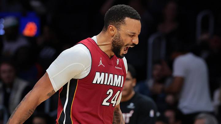Jan 13, 2026; Miami, Florida, USA; Miami Heat guard Norman Powell (24) reacts (Mandatory Credit: Sam Navarro-Imagn Images)