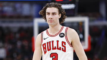 Nov 4, 2025; Chicago, Illinois, USA; Chicago Bulls guard Josh Giddey (3) reacts during the second half at United Center. Mandatory Credit: Kamil Krzaczynski-Imagn Images