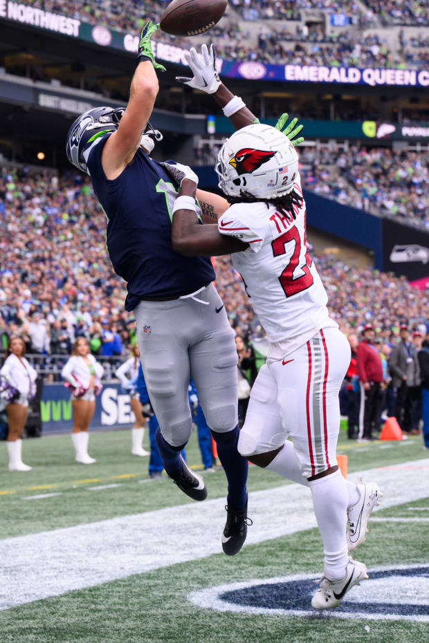 Seattle Seahawks wide receiver Jake Bobo (19) catches a pass for a touchdown.