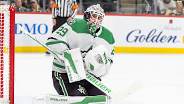 Apr 6, 2025; Saint Paul, Minnesota, USA; Dallas Stars goaltender Jake Oettinger (29) eyes a rebound against the Minnesota Wild in the second period at Xcel Energy Center. Mandatory Credit: Matt Blewett-Imagn Images