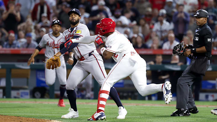 Apr 7, 2026: A fight breaks out between Atlanta Braves pitcher Reynaldo López (40) and Los Angeles Angels right fielder Jorge Soler (12) during the fifth inning at Angel Stadium. 