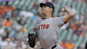 Sep 1, 2024; Detroit, Michigan, USA;  Boston Red Sox pitcher Rich Hill (44) pitches in the fifth inning against the Detroit Tigers at Comerica Park. Mandatory Credit: Rick Osentoski-Imagn Images