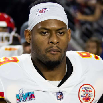 Feb 12, 2023; Glendale, Arizona, US; Kansas City Chiefs wide receiver JuJu Smith-Schuster (9) against the Philadelphia Eagles during Super Bowl LVII at State Farm Stadium. Mandatory Credit: Mark J. Rebilas-USA TODAY Sports