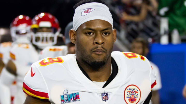 Feb 12, 2023; Glendale, Arizona, US; Kansas City Chiefs wide receiver JuJu Smith-Schuster (9) against the Philadelphia Eagles during Super Bowl LVII at State Farm Stadium. Mandatory Credit: Mark J. Rebilas-USA TODAY Sports