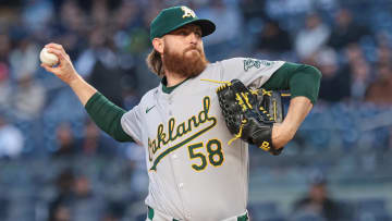 Apr 23, 2024; Bronx, New York, USA; Oakland Athletics pitcher Paul Blackburn (58) delivers a pitch during the first inning against the New York Yankees at Yankee Stadium. Mandatory Credit: Vincent Carchietta-USA TODAY Sports