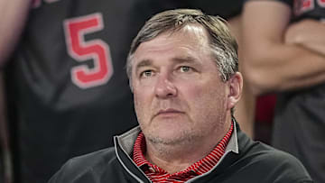Feb 25, 2025; Athens, Georgia, USA; Georgia Bulldogs head football coach Kirby Smart watches the basketball game between Georgia and the Florida Gators during the second half at Stegeman Coliseum. 