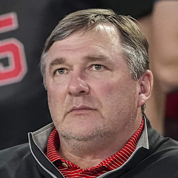 Feb 25, 2025; Athens, Georgia, USA; Georgia Bulldogs head football coach Kirby Smart watches the basketball game between Georgia and the Florida Gators during the second half at Stegeman Coliseum. 