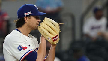 Jun 14, 2025; Arlington, Texas, USA; Texas Rangers pitcher Jacob deGrom (48) looks in for the sign during the fourth inning against the Chicago White Sox at Globe Life Field. 