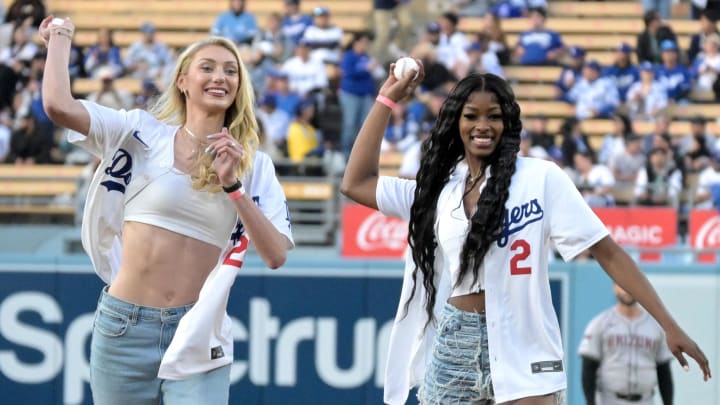 Los Angeles Sparks Cameron Brink and Rickea Jackson throw out the first pitch prior to the game between the Los Angeles Dodgers and the Arizona Diamondbacks at Dodger Stadium.