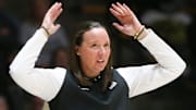 Purdue Boilermakers head coach Katie Gearlds reacts to a Purdue Boilermakers foul