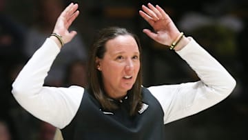 Purdue Boilermakers head coach Katie Gearlds reacts to a Purdue Boilermakers foul
