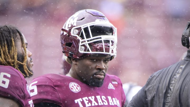 Sep 18, 2021; College Station, Texas, USA; Texas A&M Aggies defensive lineman Albert Regis (15) in action during the game between the Texas A&M Aggies and the New Mexico Lobos at Kyle Field. Mandatory Credit: Jerome Miron-USA TODAY Sports