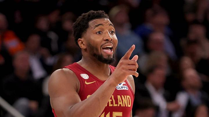 Oct 22, 2025; New York, New York, USA; Cleveland Cavaliers guard Donovan Mitchell (45) talks to a teammate during the fourth quarter against the New York Knicks at Madison Square Garden. Mandatory Credit: Brad Penner-Imagn Images