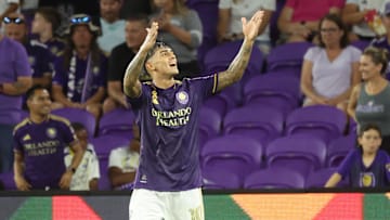 Sep 14, 2024; Orlando, Florida, USA; Orlando City midfielder Facundo Torres (10) celebrates after he scored against the New England Revolution during the first half at Inter&Co Stadium. Mandatory Credit: Kim Klement Neitzel-Imagn Images