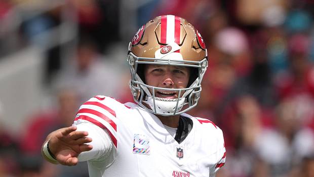 San Francisco 49ers quarterback Brock Purdy (13) gestures during the first quarter against the Jacksonville Jaguars.
