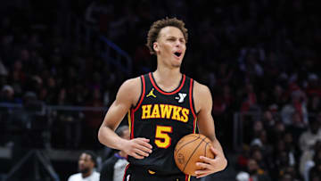 Atlanta Hawks guard Dyson Daniels reacts to call from the referees in the game against the Detroit Pistons during the third quarter at State Farm Arena