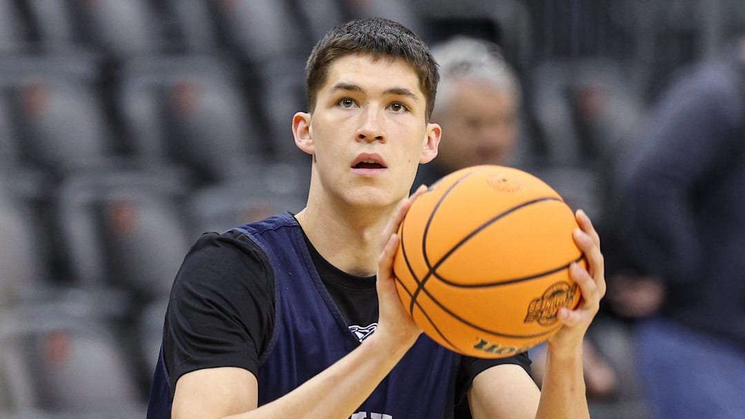 Mar 26, 2025; Newark, NJ, USA; Brigham Young Cougars guard Egor Demin (3) warms up during a practice session in preparation for an East Regional semifinal game against the Alabama Crimson Tide at Prudential Center. Mandatory Credit: Vincent Carchietta-Imagn Images