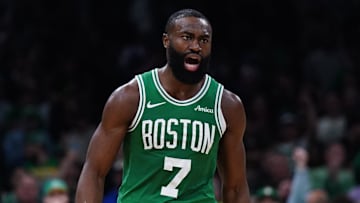 May 7, 2025; Boston, Massachusetts, USA; Boston Celtics guard Jaylen Brown (7) react after a play against the New York Knicks in the second quarter during game two of the second round for the 2025 NBA Playoffs at TD Garden. Mandatory Credit: David Butler II-Imagn Images