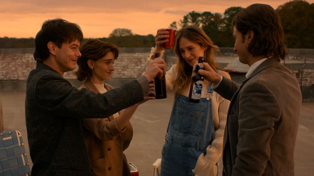 STRANGER THINGS: SEASON 5. (L to R) Charlie Heaton as Jonathan Byers, Natalia Dyer as Nancy Wheeler, Maya Hawke as Robin Buckley, and Joe Keery as Steve Harrington in Stranger Things: Season 5