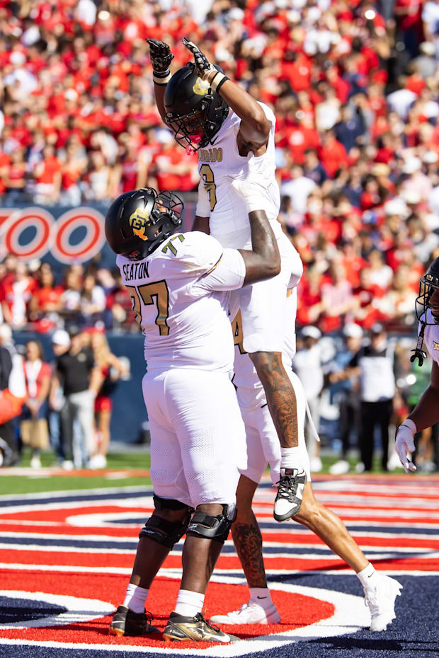 Oct 19, 2024; Tucson, Arizona, USA; Colorado Buffalos wide receiver Drelon Miller (6) celebrates a touchdown with offensive t
