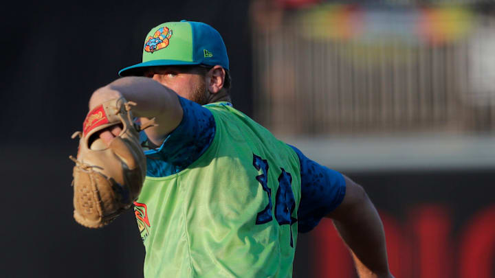 Wisconsin Timber Rattlers' Ryan Birchard (34) pitches against the Peoria Chiefs Tuesday, August 13, 2024, at Neuroscience Group Field at Fox Cities Stadium in Grand Chute, Wisconsin.