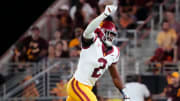 USC Trojans defensive end Romello Height (2) celebrates a turnover by the Arizona State Sun Devils in the second half at Mountain America Stadium in Tempe on Sept. 23, 2023.