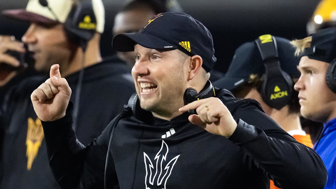 Nov 28, 2025; Tempe, Arizona, USA; Arizona State Sun Devils head coach Kenny Dillingham reacts against the Arizona Wildcats during the 99th Territorial Cup at Mountain America Stadium. Mandatory Credit: Mark J. Rebilas-Imagn Images