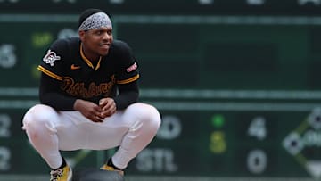 Jun 8, 2025; Pittsburgh, Pennsylvania, USA Pittsburgh Pirates third baseman Ke'Bryan Hayes (13) reacts at second base against the Philadelphia Phillies during the seventh inning at PNC Park. Mandatory Credit: Charles LeClaire-Imagn Images