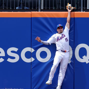 Jul 31, 2024; New York City, New York, USA; New York Mets center fielder Tyrone Taylor leaps at the wall.