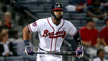 Sep 15, 2014; Atlanta, GA, USA; Atlanta Braves right fielder Jason Heyward (22) reacts after he flies out in the ninth inning of their game against the Washington Nationals at Turner Field. The Nationals won 4-2. Mandatory Credit: Jason Getz-Imagn Images