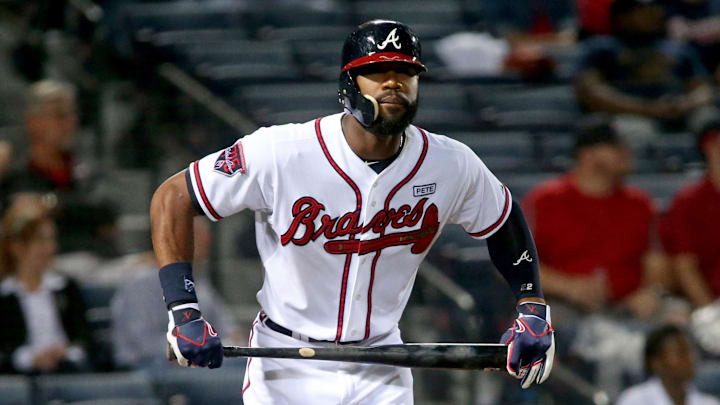 Sep 15, 2014; Atlanta, GA, USA; Atlanta Braves right fielder Jason Heyward (22) reacts after he flies out in the ninth inning of their game against the Washington Nationals at Turner Field. The Nationals won 4-2. Mandatory Credit: Jason Getz-Imagn Images