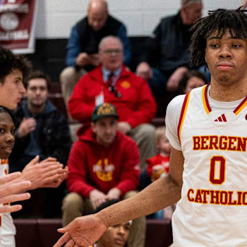 Bergen Catholic #0 Julius Avent make his entrance. Ridgewood boys basketball hosts Bergen Catholic in a game on Tuesday, Jan. 28, 2025.