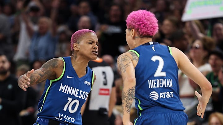Aug 16, 2025; Minneapolis, Minnesota, USA; Minnesota Lynx guard Courtney Williams (10) celebrates with guard Natisha Hiedeman (2) during the first quarter against the New York Liberty at Target Center. Mandatory Credit: Matt Krohn-Imagn Images Aug 16, 2025; Minneapolis, Minnesota, USA; Minnesota Lynx guard Courtney Williams (10) celebrates with guard Natisha Hiedeman (2) during the first quarter against the New York Liberty at Target Center. Mandatory Credit: Matt Krohn-Imagn Images