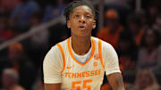 Tennessee guard Talaysia Cooper (55) sets and hits the 3-point basket during an NCAA college basketball game against East Tennessee State on November 7, 2025, in Knoxville, Tenn.