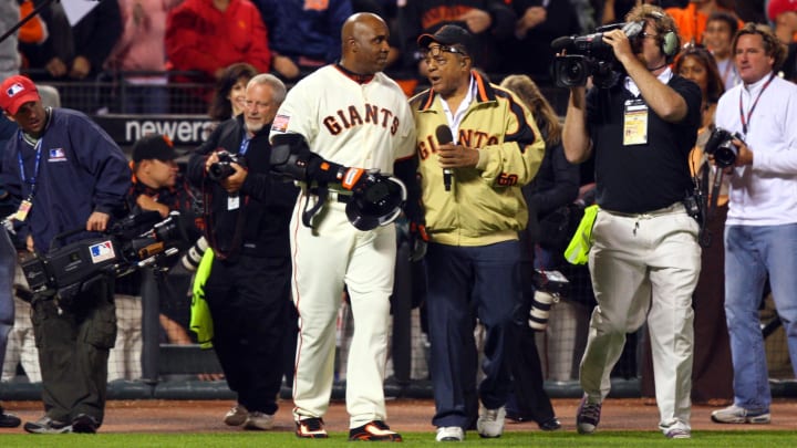 San Francisco outfielder Barry Bonds is congratulated by former Giants great Willie Mays after hitting his 756th career home run in 2007.